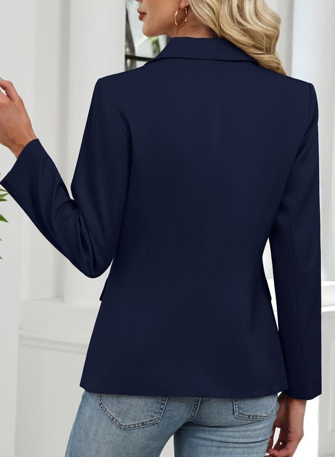 ELLEVEN Women's Business Casual Blazer,Double Breasted Long Sleeve Slim Fit Office Suit Jackets Work Outfits, Navy Blue, S - Image 3