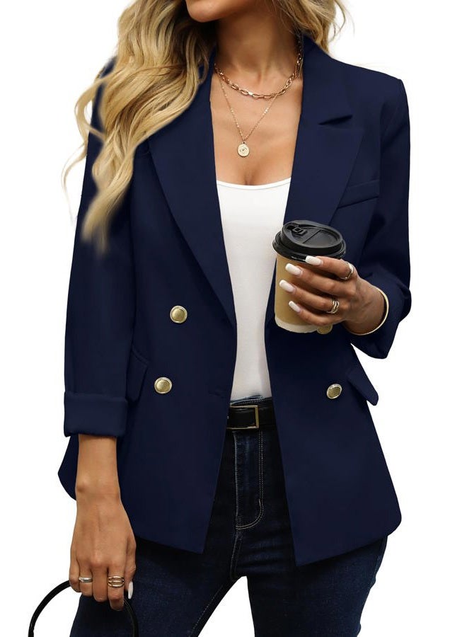 ELLEVEN Women's Business Casual Blazer,Double Breasted Long Sleeve Slim Fit Office Suit Jackets Work Outfits, Navy Blue, S - Image 1