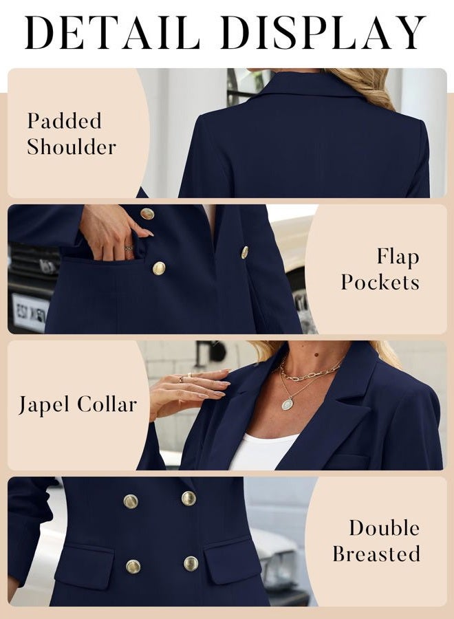 ELLEVEN Women's Business Casual Blazer,Double Breasted Long Sleeve Slim Fit Office Suit Jackets Work Outfits, Navy Blue, S - Image 5