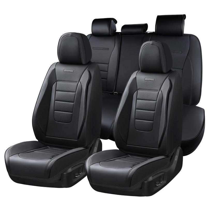 Coverado Seat Covers Full Set, Car Seat Cover Black, Seat Covers for Cars, Car Seat Protector, Nappa Leather Car Seat Cushion, Waterproof Car Seat Covers Front Seats and Back Fit for Most Cars - Image 1