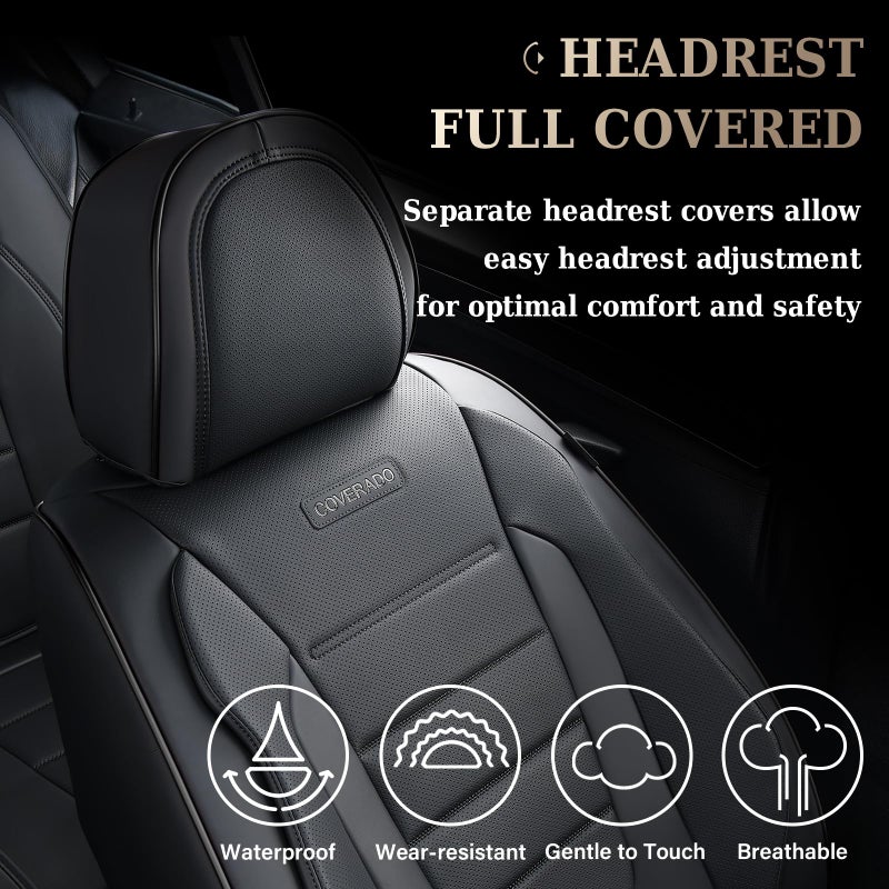 Coverado Seat Covers Full Set, Car Seat Cover Black, Seat Covers for Cars, Car Seat Protector, Nappa Leather Car Seat Cushion, Waterproof Car Seat Covers Front Seats and Back Fit for Most Cars - Image 5