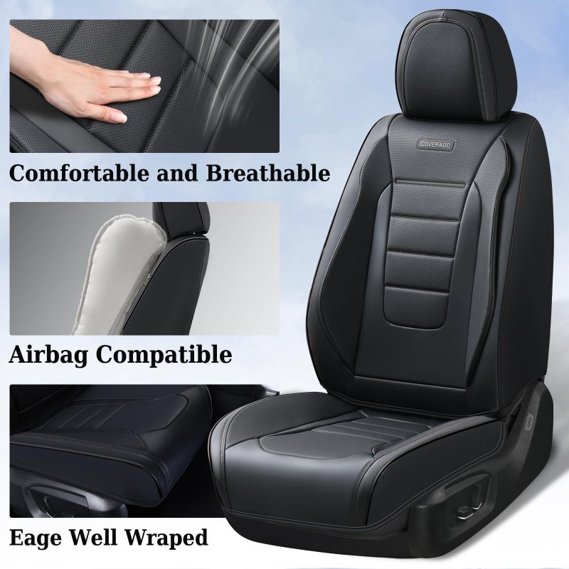 Coverado Seat Covers Full Set, Car Seat Cover Black, Seat Covers for Cars, Car Seat Protector, Nappa Leather Car Seat Cushion, Waterproof Car Seat Covers Front Seats and Back Fit for Most Cars - Image 3