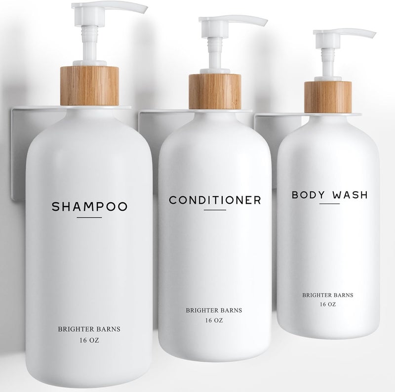 Brighter Barns White Shampoo and Conditioner Dispenser Set Wall Mounted by - Shower Dispenser 3 Chamber No Drill - Refillable Shampoo and Conditioner Bottles for Shower Wall in Airbnb, Hotel (White) - Image 1