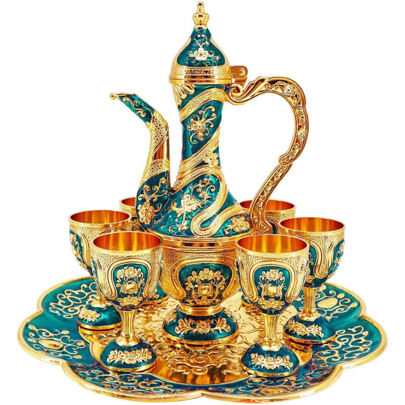 Vintage Turkish Coffee Pot and Cups SetTea Service Set Including TeapotTea Tray and Metal Cups for Wine Cabinet DecorWedding Ornaments Gold and Blue