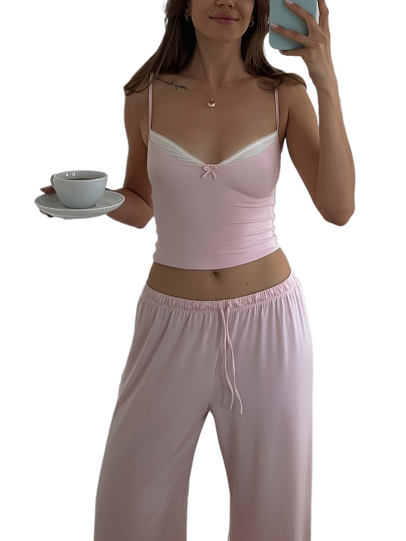 Women's New Contrast Camisole And Long Pants Set with Drawstring Waist And Bow Casual Comfortable Home Wear - Image 1