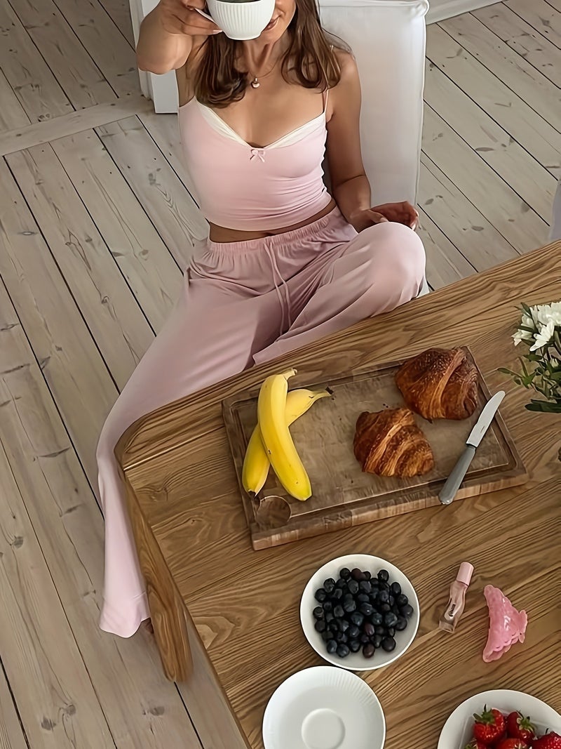 Women's New Contrast Camisole And Long Pants Set with Drawstring Waist And Bow Casual Comfortable Home Wear - Image 3