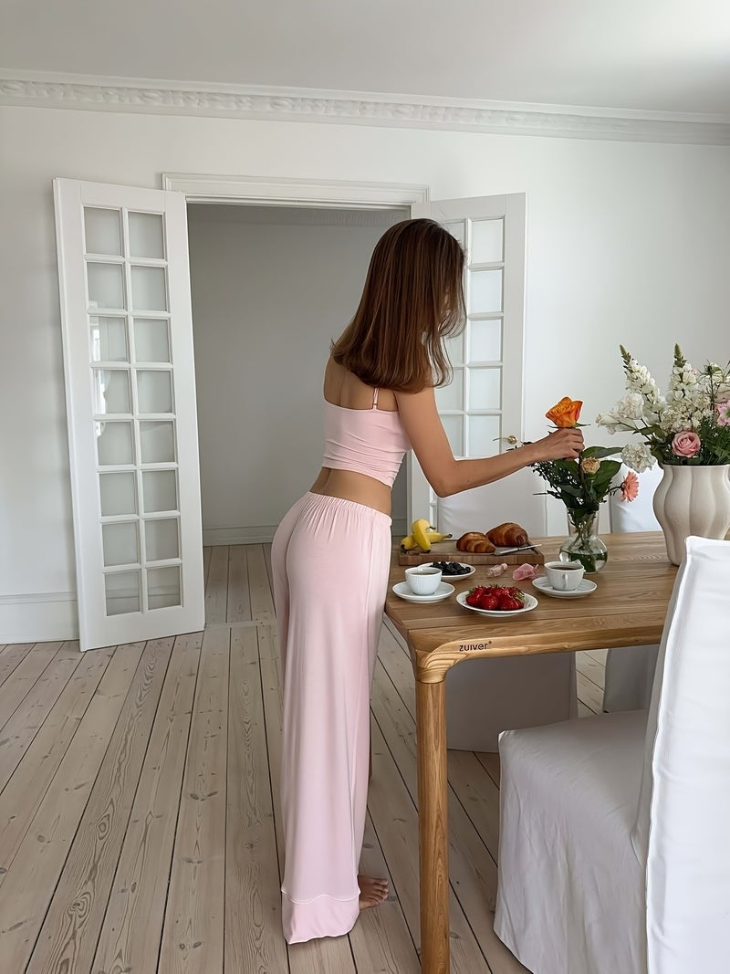 Women's New Contrast Camisole And Long Pants Set with Drawstring Waist And Bow Casual Comfortable Home Wear - Image 5