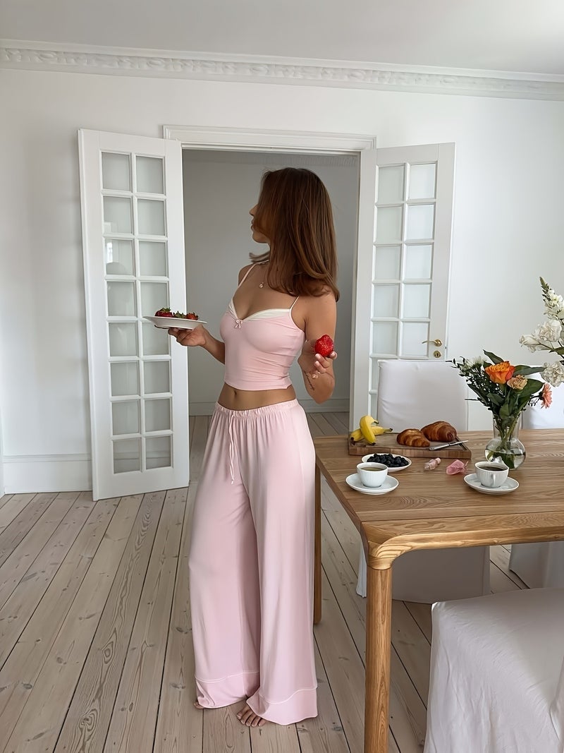 Women's New Contrast Camisole And Long Pants Set with Drawstring Waist And Bow Casual Comfortable Home Wear - Image 4