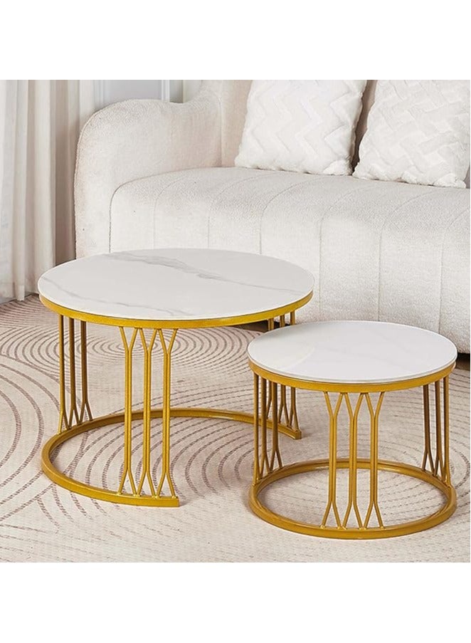 DubaiGallery Natural Finished Marble Nesting Tables (Set of 2), Coffee Side Tables White and Gold, For Living Room - Image 2