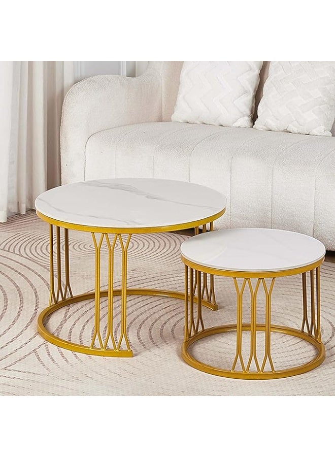 DubaiGallery Natural Finished Marble Nesting Tables (Set of 2), Coffee Side Tables White and Gold, For Living Room - Image 1