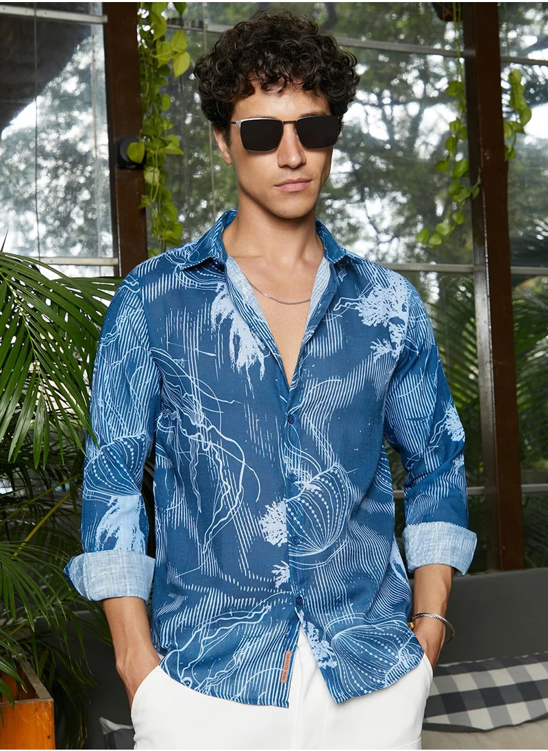 Campus Sutra Men's Lapis Blue Jellyfish Contrast Shirt