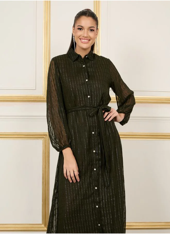 Styli Lurex Striped Self Tie Up Shirt Maxi Dress