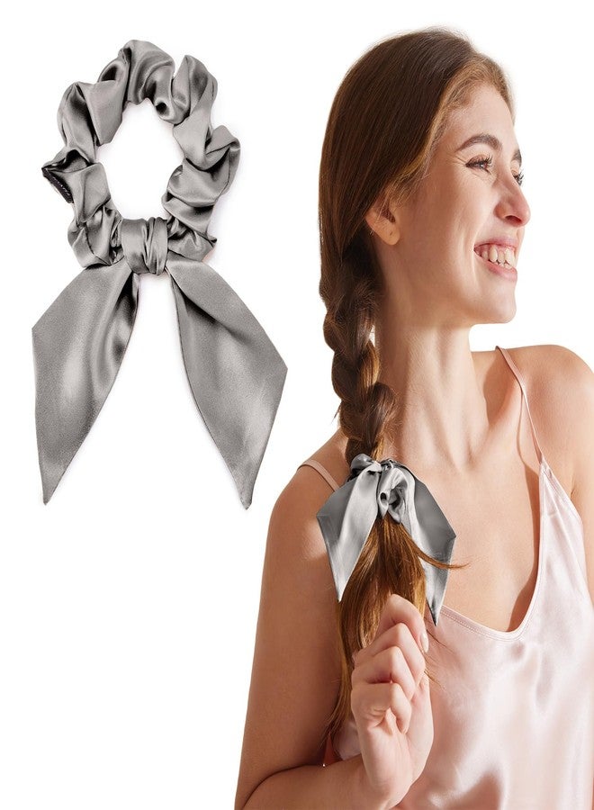 THXSILK Hair Silk Scrunchies with Bow for Women Pure Mulberry Silk Hair Cute Ring Ties Scrunchies for Girls Women's Thick Hair Grey, 3.5" - Image 1