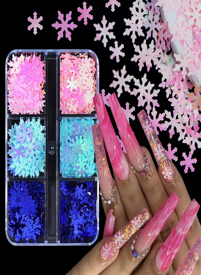 KZBTRBT Christmas Nail Art Stickers Decals - 6 Grids Blue Snowflake Glitter Sequins - Xmas Snow flakes Nail Art Decoration for Nails Pink Snowflakes Winter Christmas Nail Supplies for Professional Accessories - Image 1