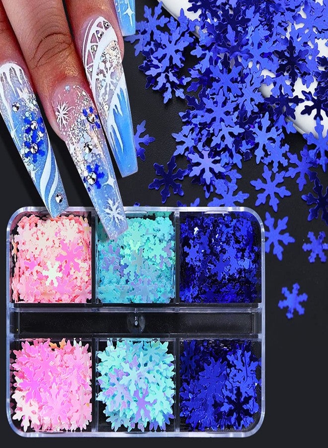 KZBTRBT Christmas Nail Art Stickers Decals - 6 Grids Blue Snowflake Glitter Sequins - Xmas Snow flakes Nail Art Decoration for Nails Pink Snowflakes Winter Christmas Nail Supplies for Professional Accessories - Image 2