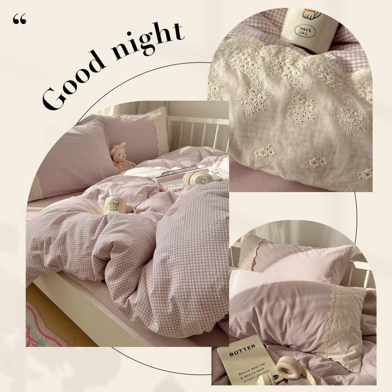 Mixinni Purple White Gingham Duvet Cover Full Size - 3 Piece Cottagecore Plaid Bedding Set With Lace Trim  Soft Washed Microfiber Vintage Aesthetic Grid Comforter Cover & Pillow Shams - Image 5
