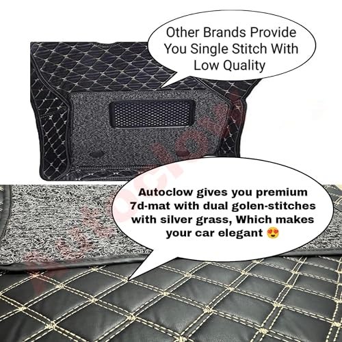 AutoClow Premium 7D Car Mat for Maruti Suzuki Swift (Model :2024-2026)|| Luxury Leather Dual-Stitch Full Set 7D Car Floor Mat ||Color : Golden Stitch-Silver Grass (Design-1) - Image 4