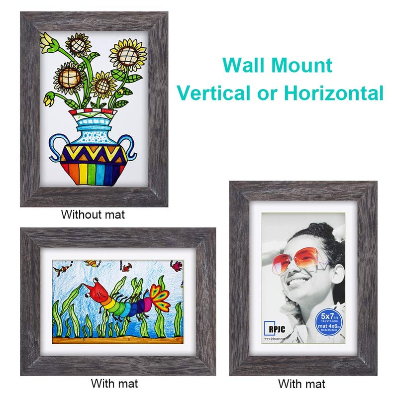 RPJC RPJC 5x7 inch Picture Frame Made of Solid Wood and High Definition Glass Display Pictures 4x6 with Mat or 5x7 Without Mat for Wall Mounting Photo Frame Driftwood Finish - Image 3