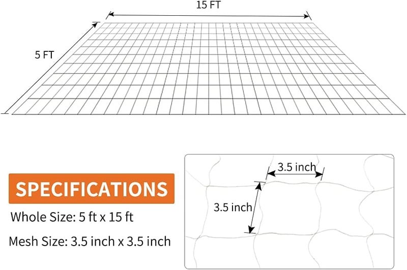 Tcamp Heavy-Duty Polyester Garden Trellis Netting Plant Climbing Net for Growing Vines Plants Vegetables Fruits Flowers, White Grow Tent (5Ft x15Ft, 3.5" Opening Mesh, 1 Pack) - Image 3