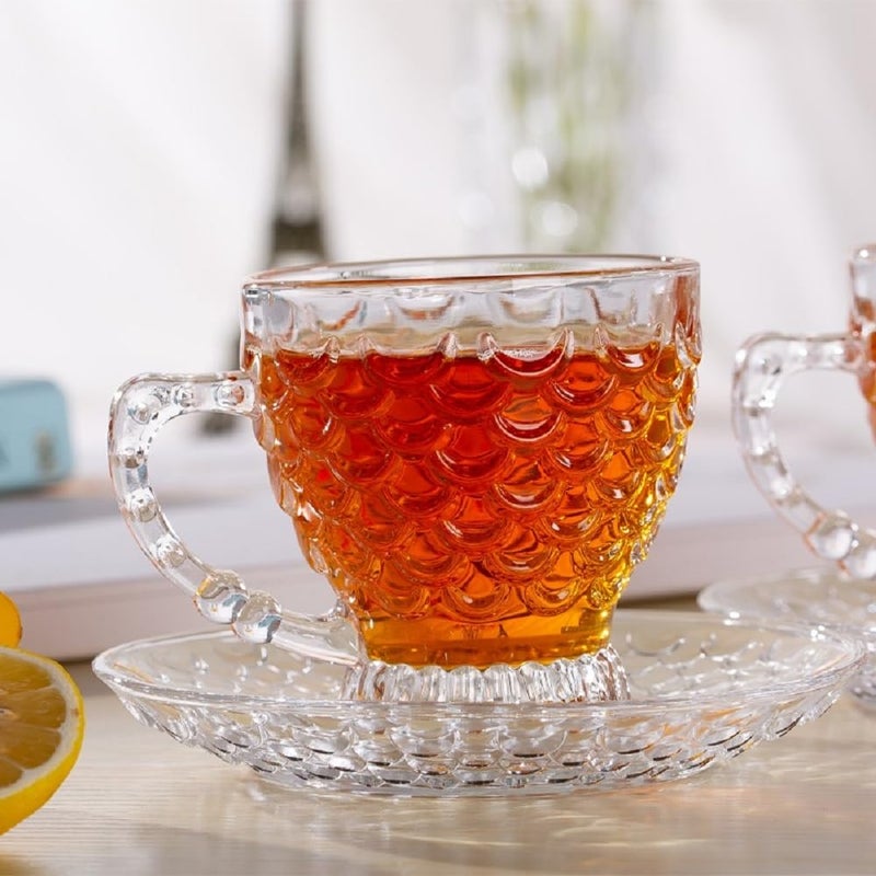 FINSTER Premium Glass Tea Cup and Saucer Set of 6 6 Cups and 6 Saucers 210 ML Transparent 3D Design Coffee Cups and Saucer Set for All Types of Coffee Tea Great for Gift - Image 1