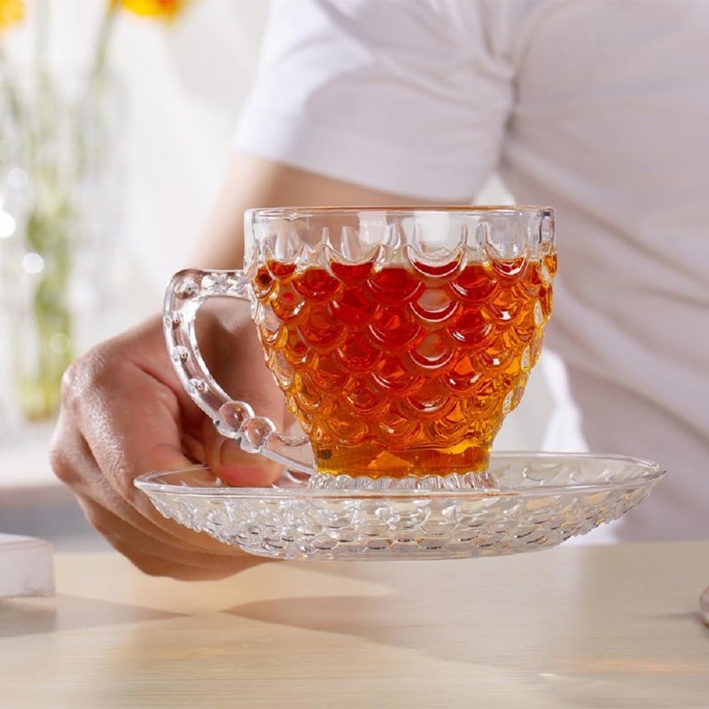 FINSTER Premium Glass Tea Cup and Saucer Set of 6 6 Cups and 6 Saucers 210 ML Transparent 3D Design Coffee Cups and Saucer Set for All Types of Coffee Tea Great for Gift - Image 3