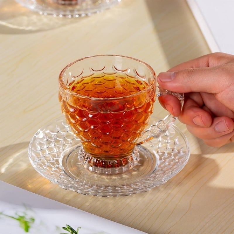 FINSTER Premium Glass Tea Cup and Saucer Set of 6 6 Cups and 6 Saucers 210 ML Transparent 3D Design Coffee Cups and Saucer Set for All Types of Coffee Tea Great for Gift - Image 5