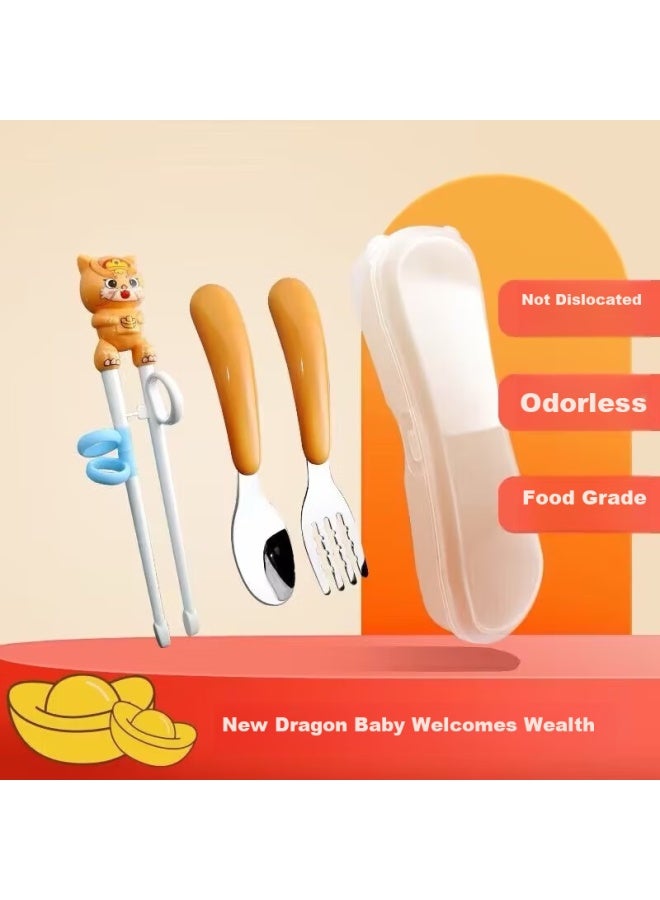 Jing Yan Xuan Jing Yanxian Children's Chopsticks, Tiger Mouth Training Chopsticks, Learning Chopsticks, Auxiliary Tool Finger Ring, Stainless Steel Spoon And Fork, Convenient Tableware Set - Image 1