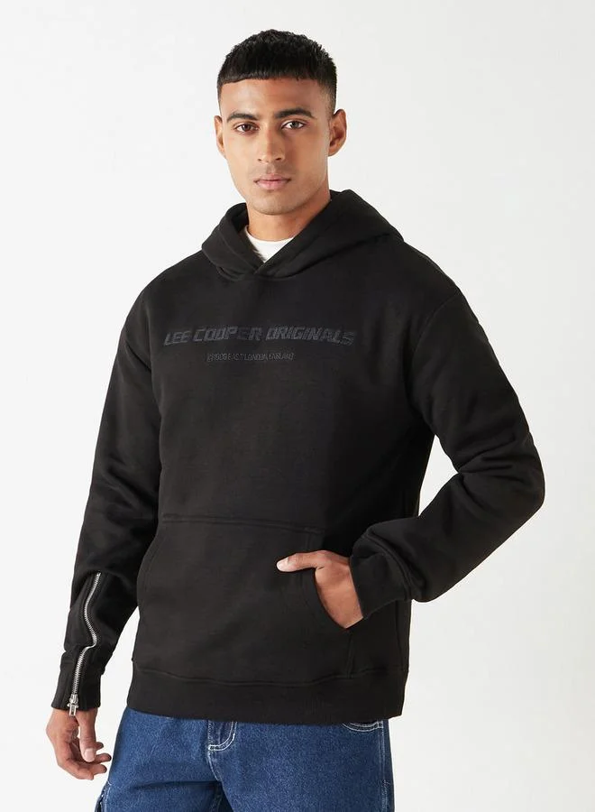 Lee Cooper Logo Embroidered Hoodie with Zippered Long Sleeves