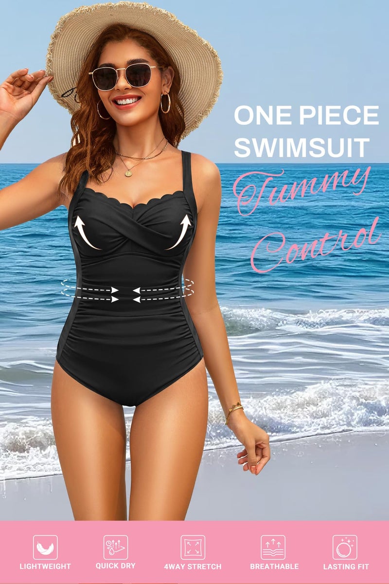 Daci Black One Piece Swimsuit for Women - Tummy Control Bathing Suit with Scalloped Square Neck Retro Swimwear 2026 XL - Image 2