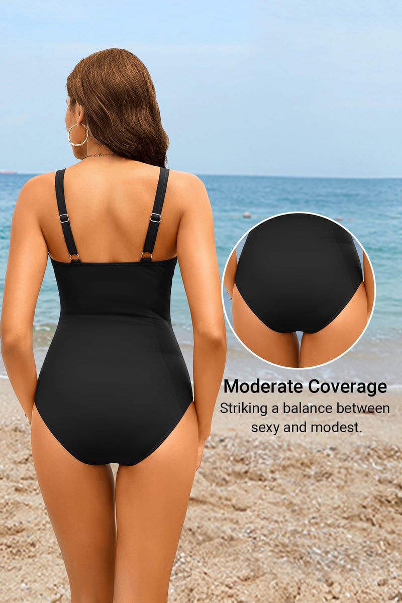 Daci Black One Piece Swimsuit for Women - Tummy Control Bathing Suit with Scalloped Square Neck Retro Swimwear 2026 XL - Image 3