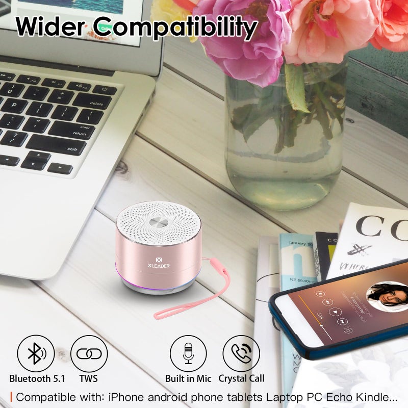 x-leader Mini Bluetooth Shower Speaker, IPX6 Waterproof Speaker, with RGB Lights, Mic, Portable Silicone Lanyard, Suction Cup, Clear Sound&Rich Bass, 12h Playtime, Small Pink Gifts for Girls Women - Image 3