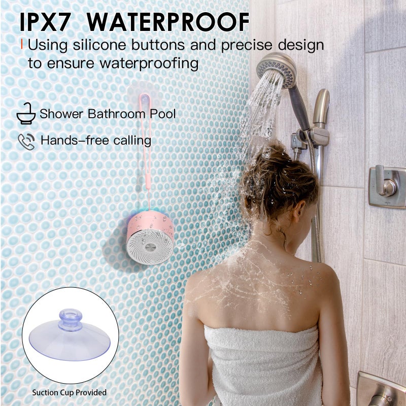 x-leader Mini Bluetooth Shower Speaker, IPX6 Waterproof Speaker, with RGB Lights, Mic, Portable Silicone Lanyard, Suction Cup, Clear Sound&Rich Bass, 12h Playtime, Small Pink Gifts for Girls Women - Image 5