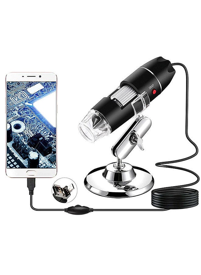 1000X Wired Digital Microscope Portable Handheld Microscope with USB+Micro USB Interfaces 8 LED Lights Type-C Adapter