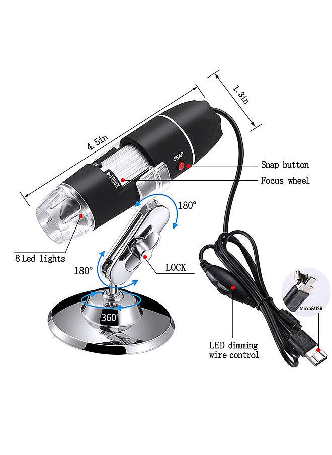 1000X Wired Digital Microscope Portable Handheld Microscope with USB+Micro USB Interfaces 8 LED Lights Type-C Adapter