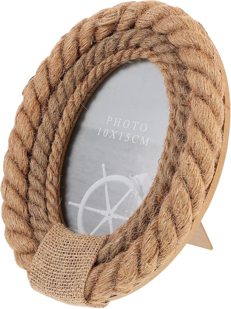 Rustic 6-inch Oval Rope Photo Frame Woven Jute Twine Tabletop Picture Frame for Farmhouse Home Décor - Image 1