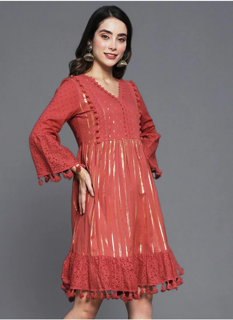 ISHIN Women's Maroon Rayon Embroidered Midi Smock Straight Fit Dress