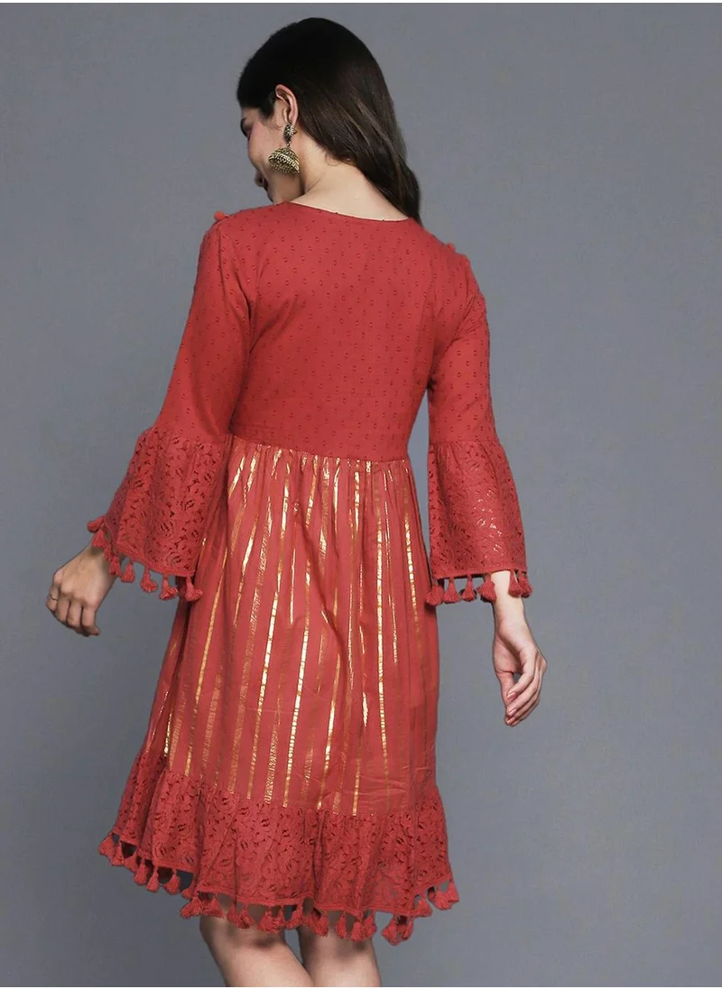 ISHIN Women's Maroon Rayon Embroidered Midi Smock Straight Fit Dress