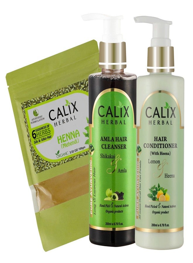 كلاليكس هيربال شامبو كاليكس هيربال العضوي والأيورفيدي لتنظيف الشعر بالأملا 200 مل + حناء مهندي 100 جم + بلسم للشعر (مع الحناء) 200 مل - مجموعة متكاملة للعناية بالشعر للرجال والنساء وجميع أنواع الشعر - Image 1