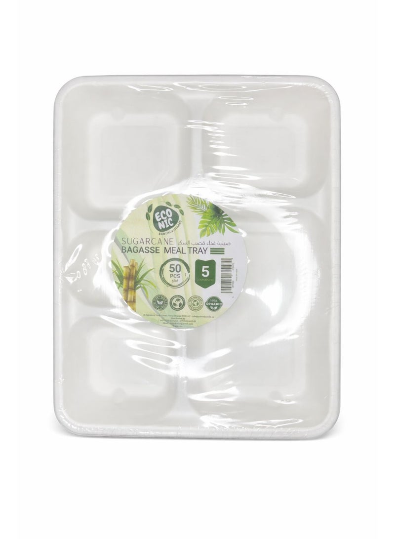 EcoNic 5 Compartments Meal Tray White Disposable Sugarcane Bagasse (Pack of 50) | Strong, Organic, Plant Based, Light weight and Leak Proof | 100% Compostable - Image 1