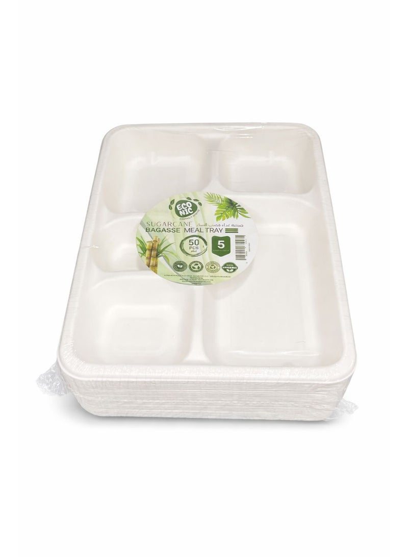 EcoNic 5 Compartments Meal Tray White Disposable Sugarcane Bagasse (Pack of 50) | Strong, Organic, Plant Based, Light weight and Leak Proof | 100% Compostable - Image 2