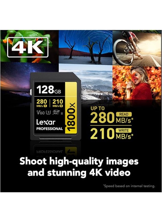 Lexar 128GB Professional 1800x SDXC UHS-II Memory Card – V60, U3, Class 10, 280MB/s Read Speed, GOLD Series – High-Speed SD Card for 4K Video & Photography 128 GB 128 GB - Image 3