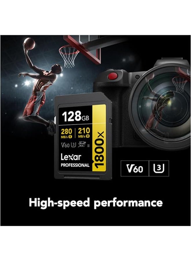 Lexar 128GB Professional 1800x SDXC UHS-II Memory Card – V60, U3, Class 10, 280MB/s Read Speed, GOLD Series – High-Speed SD Card for 4K Video & Photography 128 GB 128 GB - Image 2