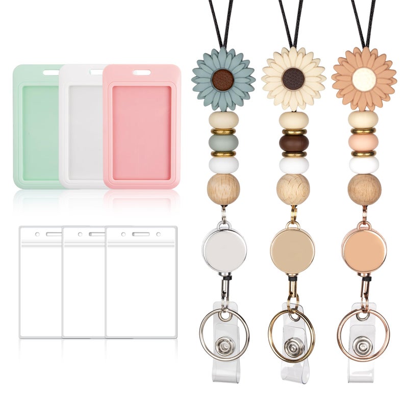 Qoroos 9 in 3 Sets Retractable Lanyards for ID Badges with ID Holder Teacher Lanyard for Women Cute Nurse School Silicone Beaded with Badge Reel - Image 1