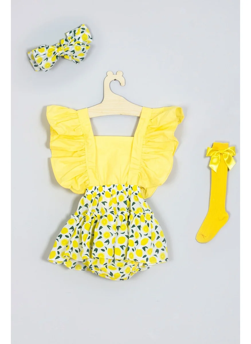 Ada Bebek Çocuk Ada Baby Kid Adabebek Frilly Lemon Patterned Knee-Cuff Bow Socks Set