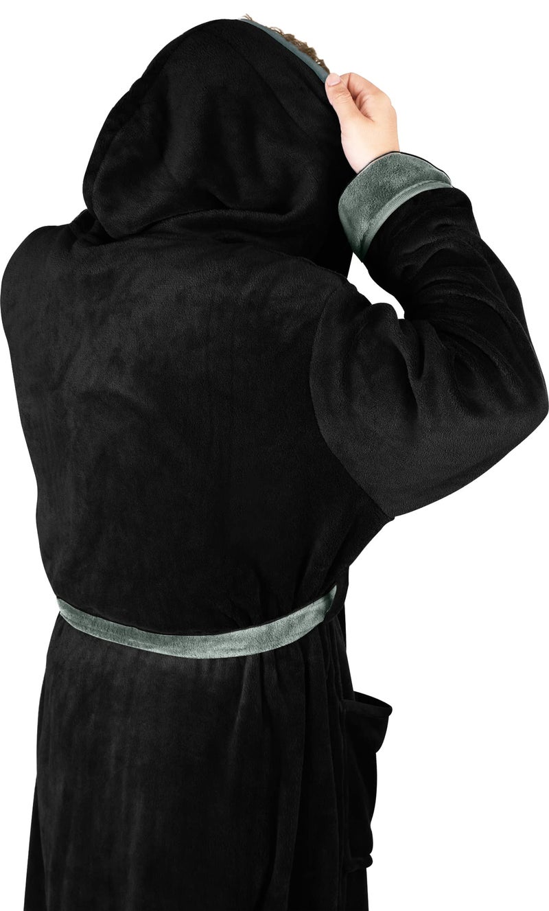 NY Threads Mens Robe with Hood, Luxury Plush Fleece Hooded Mens Bathrobe, Spa Bath Robe for Men, Large/X-Large, Black and Steel Grey - Image 3