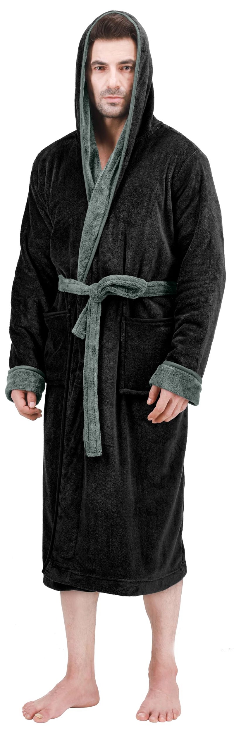 NY Threads Mens Robe with Hood, Luxury Plush Fleece Hooded Mens Bathrobe, Spa Bath Robe for Men, Large/X-Large, Black and Steel Grey - Image 2
