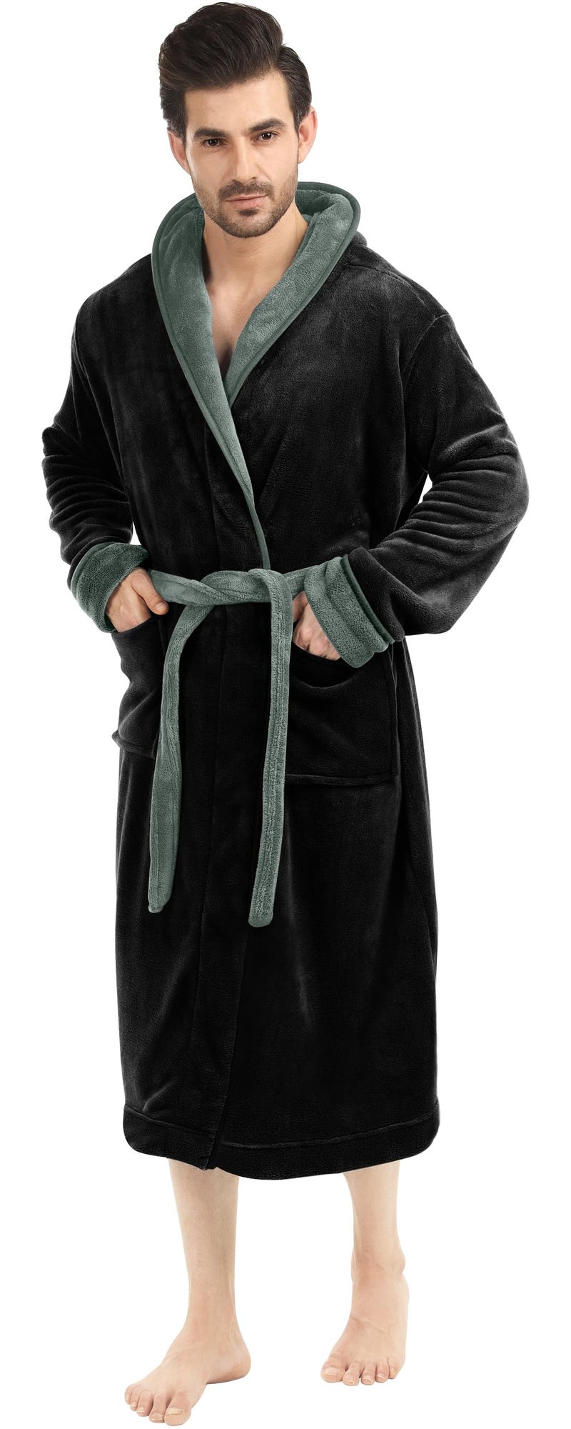 NY Threads Mens Robe with Hood, Luxury Plush Fleece Hooded Mens Bathrobe, Spa Bath Robe for Men, Large/X-Large, Black and Steel Grey - Image 4