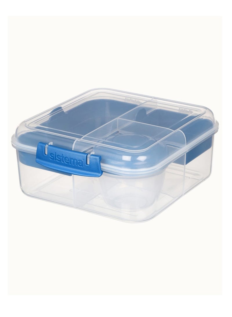 Sistema Bento Cube To Go, 1.25L Lunch Box is stackable & comes with Yogurt Pot and Easy Locking Clip, multi-compartments. Is Microwave, Dishwasher safe & BPA Free. Blue