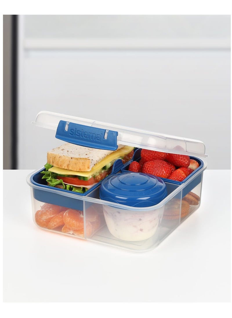 Sistema Bento Cube To Go, 1.25L Lunch Box is stackable & comes with Yogurt Pot and Easy Locking Clip, multi-compartments. Is Microwave, Dishwasher safe & BPA Free. Blue