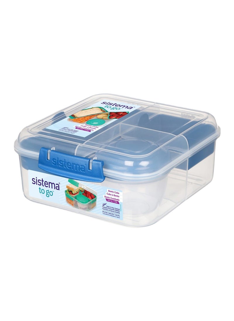 Sistema Bento Cube To Go, 1.25L Lunch Box is stackable & comes with Yogurt Pot and Easy Locking Clip, multi-compartments. Is Microwave, Dishwasher safe & BPA Free. Blue